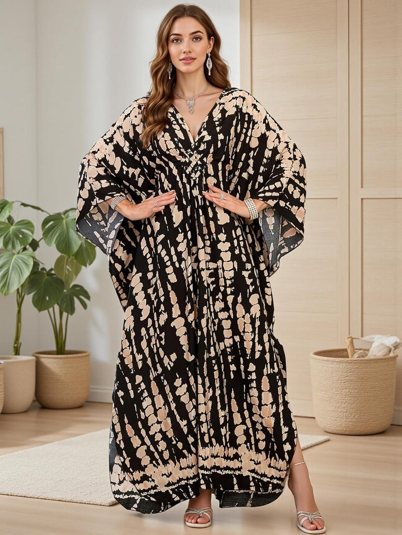 IMAGEKOPE Women's Plus Size Animal Print V-Neck Batwing Kaftan Beach Dress Bathing Suit Cover-Up Loungewear - Image 4